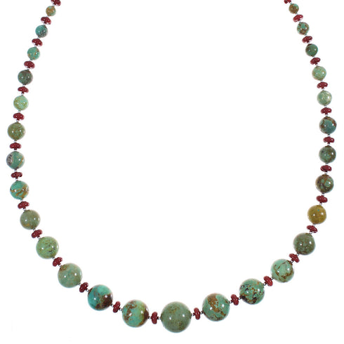 Kingman Turquoise And Coral Sterling Silver Navajo Bead Necklace AX88817